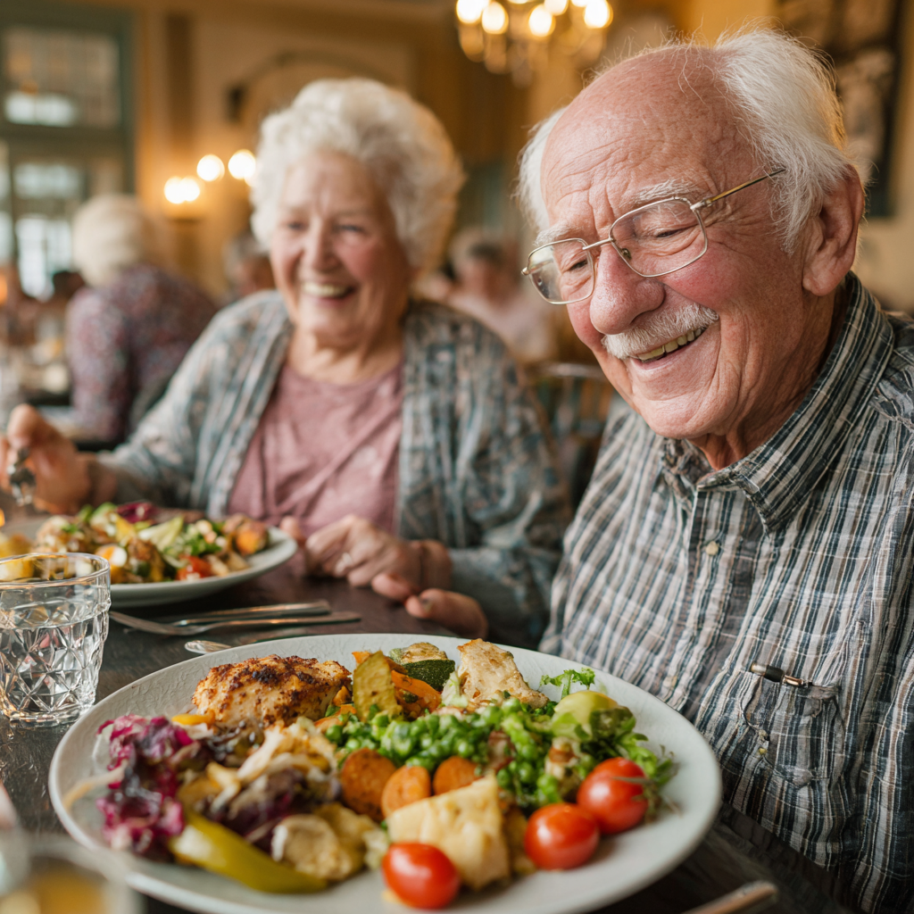 Senior adults enjoying nutritious meal together in bright dining room
